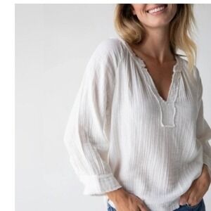 Natural Life Womens White Cotton Gauze Split V-Neck Boho Blouse Top sz S summer